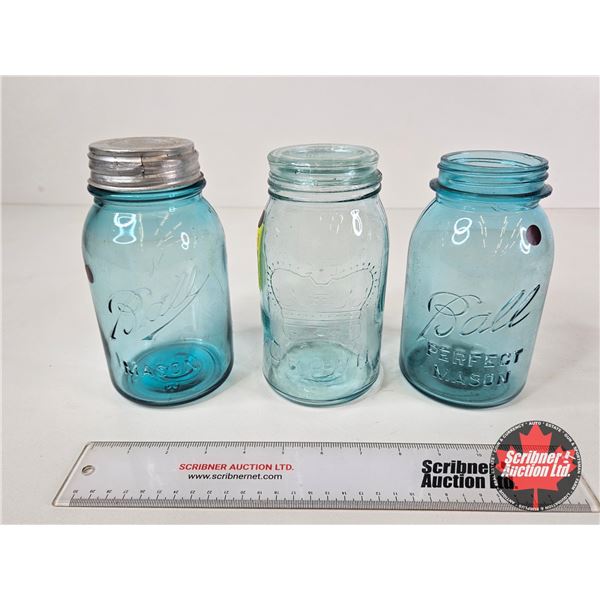 Canning Jars (3) : Turquoise  - Ball (2) - Crown (All Measure : 7-1/4"H)