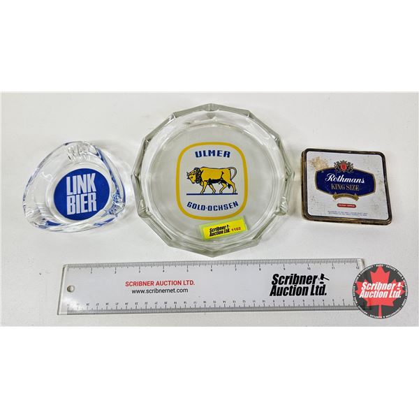 Rothmans Cigarette Tin w/ Glass Ashtrays (2)