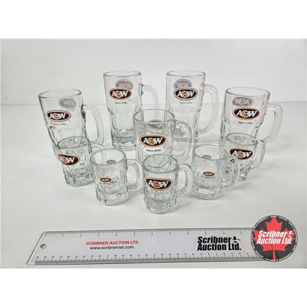 A&W Root Beer Mugs (10) - (2) 7"H - (2) 5-1/2"H - (5) 3"H - (1) 4-3/4"