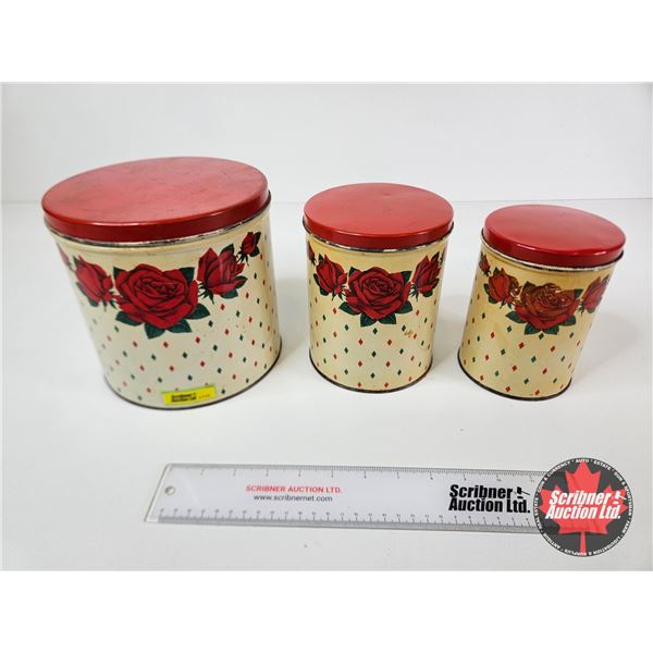 Colorware Canisters (3) : Roses & Diamonds (Largest Measures : 7"H x 7-1/4"Dia)