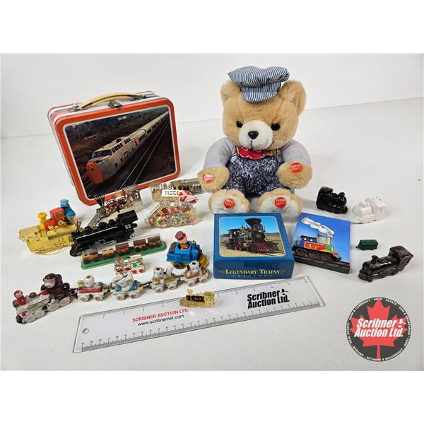 Train Collector Combo :  - Tin Lunchbox - Ornaments - Plush Bear - ETC! (Lunchbox Measures : 7"H x 9