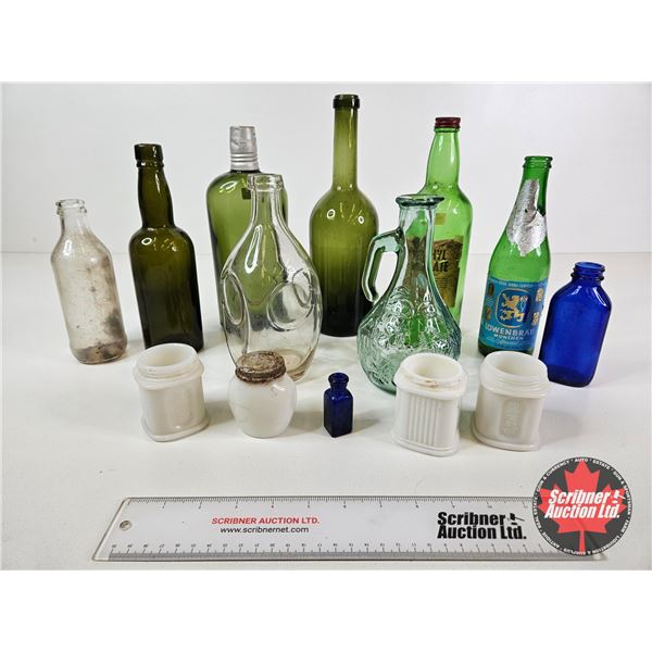 Variety of Vintage Bottles & Milk Glass Containers (13) (Tallest Measures : 11-1/4"H)