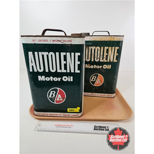 B/A Autolene Motor Oil Tins (2) (Both Measure : 13"H x 8-1/2"W x 5-1/2"D)