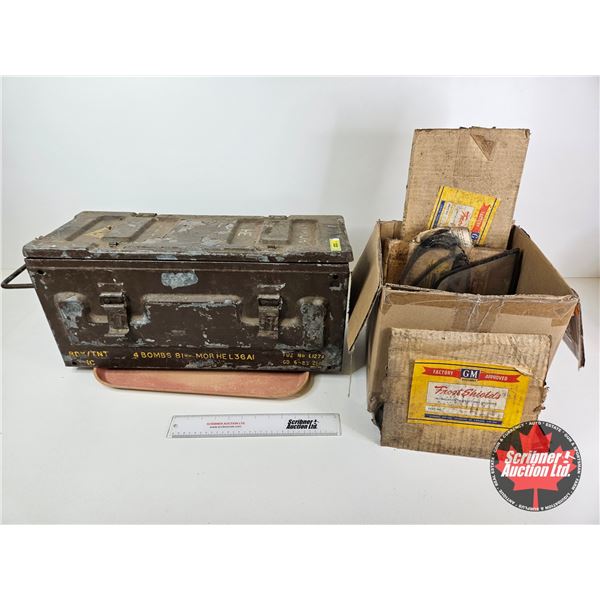 Military Ammo Box w/ Vintage GM Frost Shields, ETC! (Ammo Box Measures : 10"H x 23"W x 9"D)