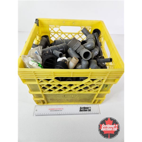 Milk Crate w/Variety of Plumbing Poly Hose Barb Fittings (3/4" & 1" Mostly)