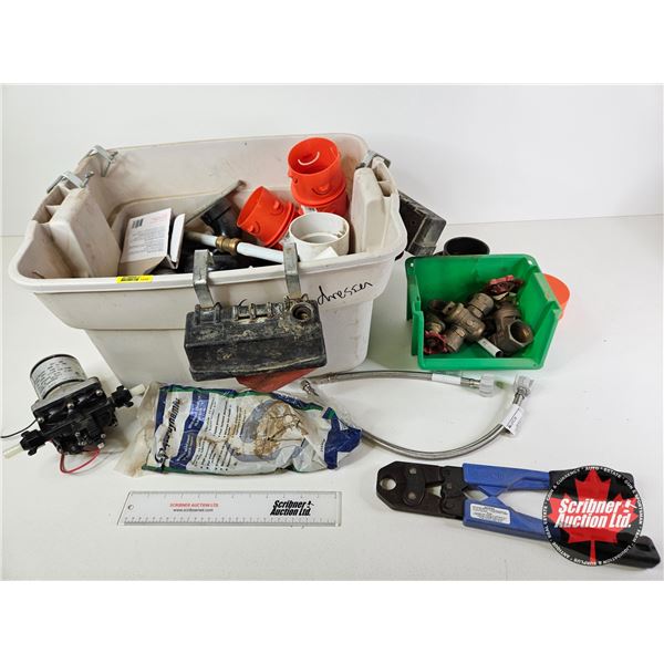 Variety of Plumbing Supplies including : - Valves - Crimper - Drain Cover - 12V Pump - Braided Toile