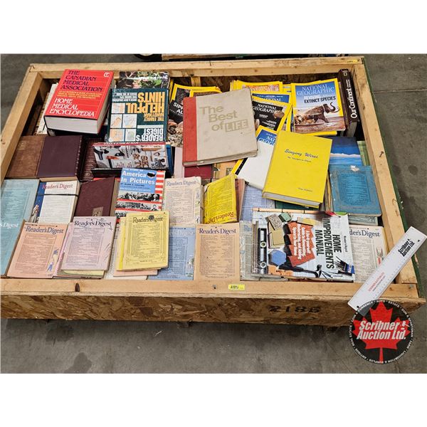 Crate Lot : Large Variety of Books & Magazines including : - National Geographic (1980's-2000's) - R