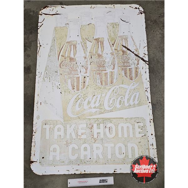 Single Sided Tin Sign : Coca-Cola "Take Home a Carton" (c.1948) (Measures : 53"H x 35"W)