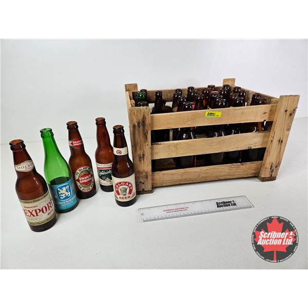 Wooden Crate Lot : Vintage Beer Bottle Collection (30)  including Calgary Beer, Edmonton Export, Pil