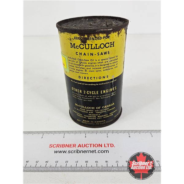 OIL CAN : McCulloch 2-Cycle Engine Oil (Full)  (Measures : 4-3./4"H x 3"Dia)