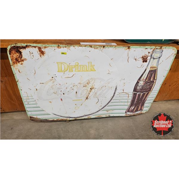 Single Sided Tin Sign : Drink Coca-Cola w/Bottle (Yellow Dot)  (Measures : 35-1/2"H 59-1/4"W)