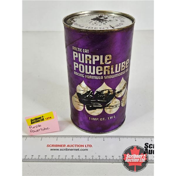OIL CAN : Arctic Cat Purple Powerlube (Cardboard) (Full)  (Measures : 6-1/2"H x 4"Dia)