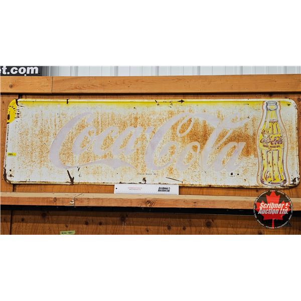 Single Sided Tin Sign : "Drink Coca-Cola" w/Bottle  (Measures : 17-1/4"H x 57"D)