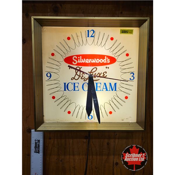 Silverwood's "De Luxe" Ice Cream Light Up Clock  (Note : Needs TLC)  (Measures : 15-1/2"H x 15-1/2"W
