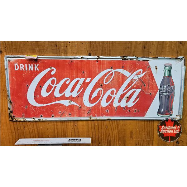 Single Side Tin Sign : Drink Coca-Cola w/Bottle  (Measures : 12"H x 32"W)