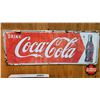 Image 1 : Single Side Tin Sign : Drink Coca-Cola w/Bottle  (Measures : 12"H x 32"W)