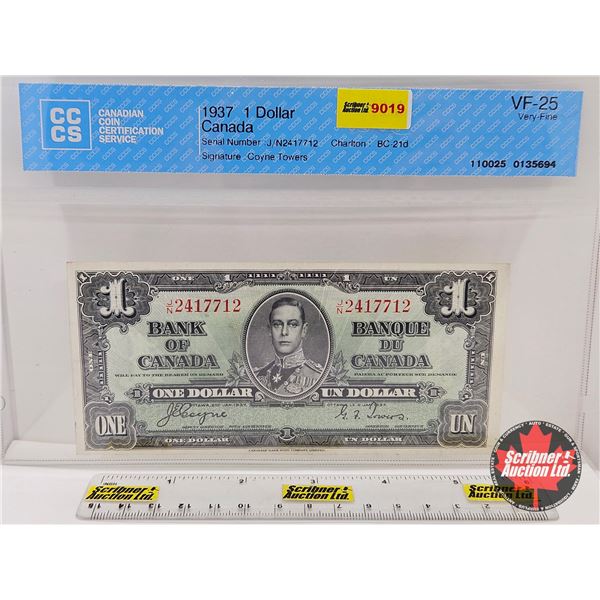 Bank of Canada $1 Bill 1937 : Coyne/Towers #JN2417712 (CCCS Cert : VF-25 : Very-Fine)