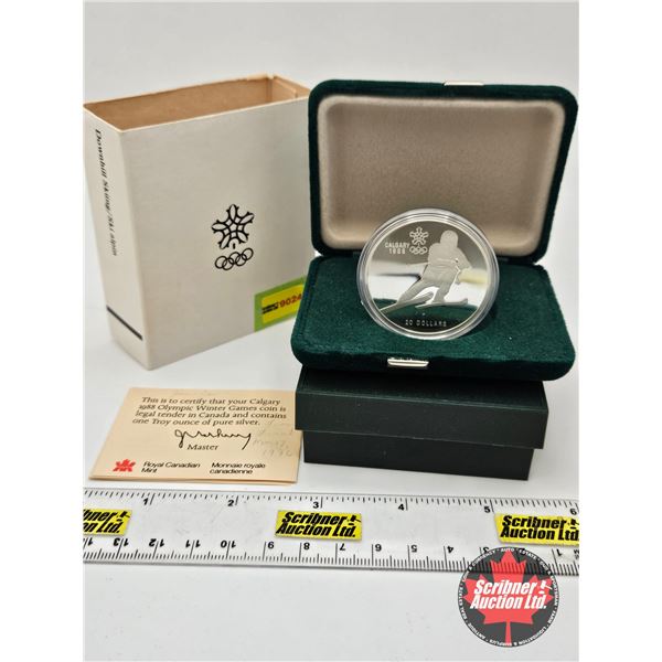 RCM Canada $20 Proof Coin 1985 : Calgary 1988 Olympic Winter Games : Downhill Skiing (COA 92.5%)