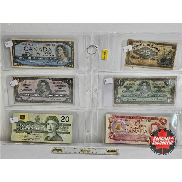 Canada Bills Collector Combo (6) : - 1900 Twenty Five Cent "Shinplaster" : Boville - 1937 $1 : Gordo