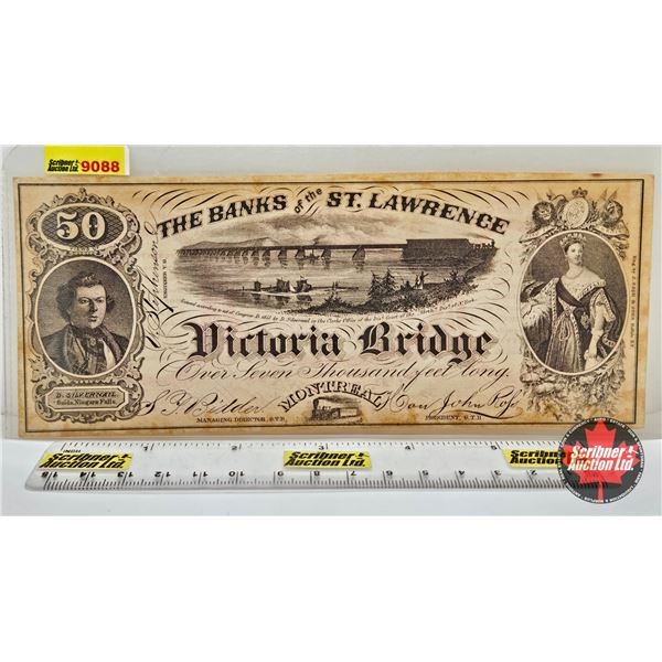 CANADA Montreal : The Banks of the St. Lawrence : Victoria Bridge : 50 : Railway Advertising Scrip N