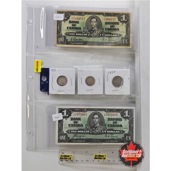 Canada 1937 Coin/Bill Collector Combo (5) : - $1 Bill : Gordon/Towers #HL7164717 - Five Cent Dot - T
