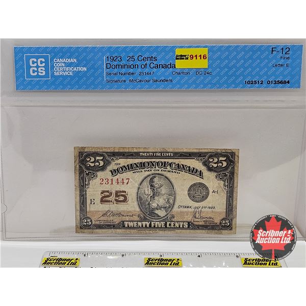 Dominion of Canada 1923 Twenty Five Cent "Shinplaster" : McCavour/Saunders #231447 (CCCS Cert : F-12