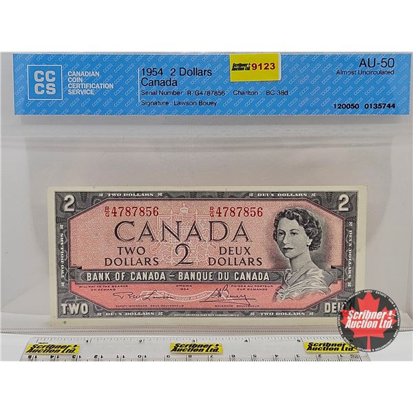 Canada $2 Bill 1954 : Lawson/Bouey #RG4787856 (CCCS Cert : AU-50 : Almost Uncirculated)