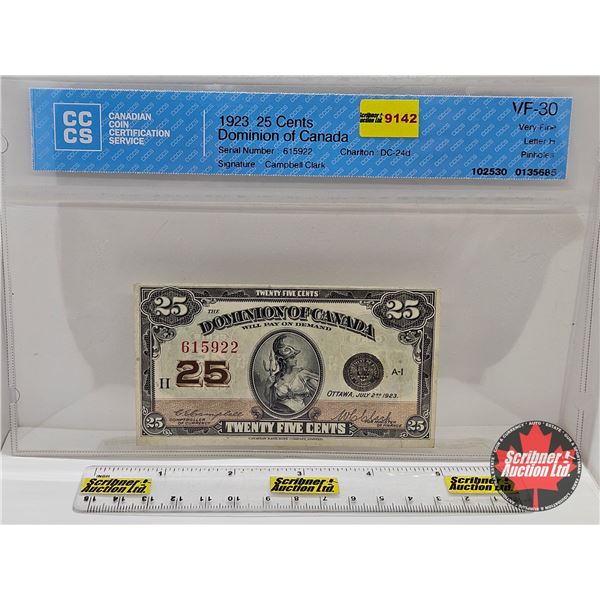 Dominion of Canada 1923 Twenty Five Cent "Shinplaster" : Campbell/Clark #615922 (CCCS Cert : VF-30 :