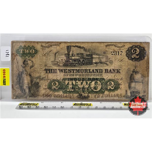 Westmorland Bank of New Brunswick $2 Bill 1861 : #2317 (Hole)