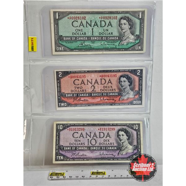 Canada Bills 1954 *Replacements (3) :  - $1 Bill  : Bouey/Rasminsky # *CF0928102 - $2 Bill : Beattie