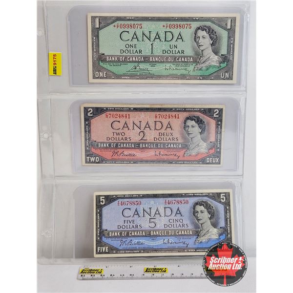 Canada Bills 1954 (3) :  - $1 Bill *Replacement : Bouey/Rasminsky # *CF0998075 - $2 Bill : Beattie/R