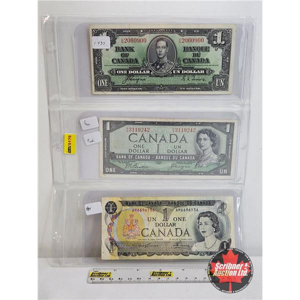 Canada $1 Bills (3) : - 1937 Coyne/Towers #UN2060900 - 1954 Beattie/Coyne #RA3119242 - 1973 Lawson/B