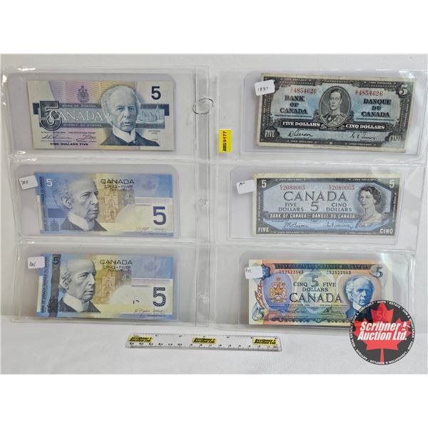 Canada $5 Bills (6) : - 1937 Gordon/Towers #DC4854626 - 1954 Beattie/Rasminsky #EX2089065 - 1972 Law