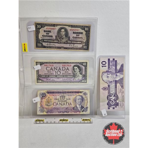 Canada $10 Bills (4) : - 1937 Gordon/Towers #LD5202087 - 1954 Beattie/Rasminsky #SV0217619 - 1971 Cr
