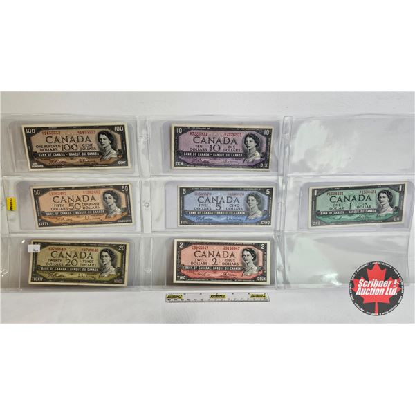 Canada 1954 Series Bills (7) :  - $100 : Beattie/Rasminsky #BJ1455552 - $50 : Beattie/Rasminsky #BH1