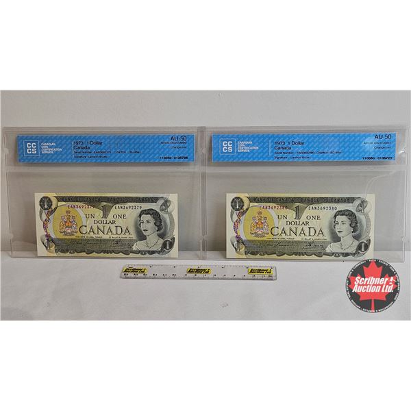 Canada $1 Bills 1973 (2 Consecutive ~ Certified) : Lawson/Bouey #EAN3692379-380 (Both CCCS Cert : AU
