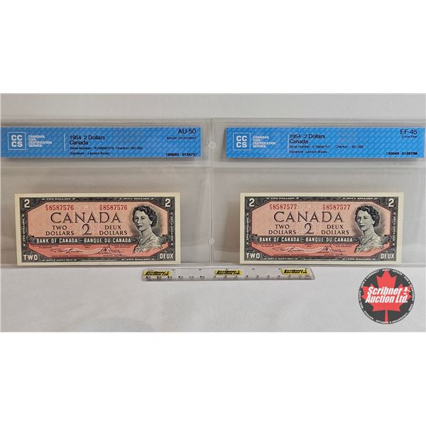Canada $2 Bills 1954 (2 Consecutive ~ Certified) : Lawson/Bouey # PG8587576 (CCCS Cert : AU-50 : Alm