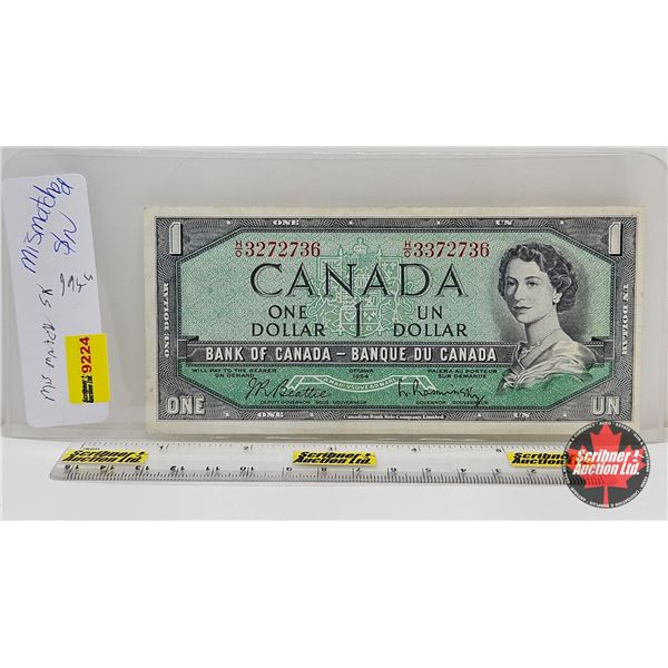 Mismatched Serial Numbers : Canada $1 Bill 1954 : Beattie/Rasminsky (Left : S/N# HO3272736) (Right :