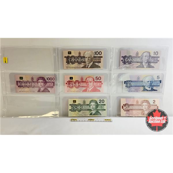 Canada Bills Bird Series (7) : - $1000 : 1988 Bonin/Thiessen #EKA2881844 - $100 : 1988 Thiessen/Crow
