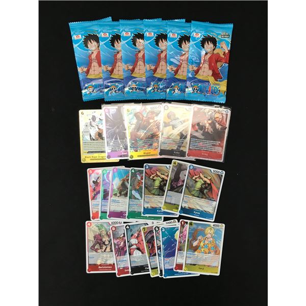 LOT OF 6 ONE PIECE SEALED TRADING CARD PACKS AND SEVERAL LOOSE CARDS