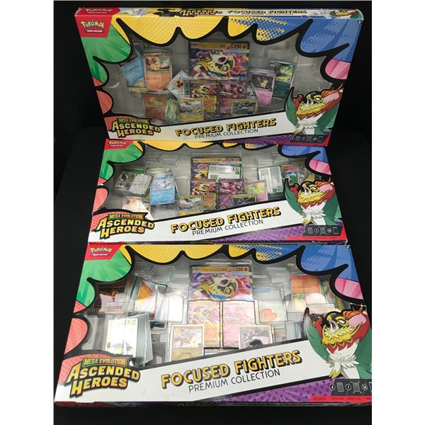 LOT OF 3 MEGA EVOLUTION ASCENDED HEROES FOCUSED FIGHTERS PREMIUM COLLECTION BOXES - BULK