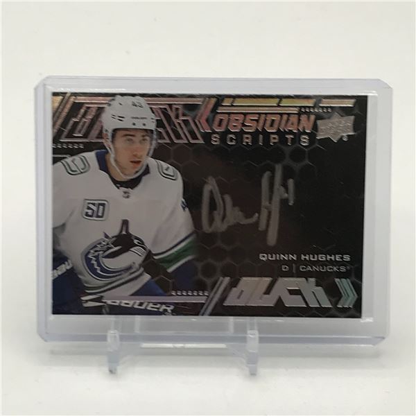 2020-21 UPPER DECK BLACK OBSIDIAN SCRIPTS QUINN HUGHES SIGNED HOCKEY TRADING CARD
