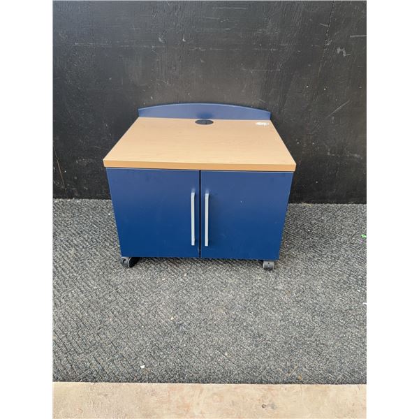 Blue and Wood Laminate Rolling Storage Cabinet with Double Doors