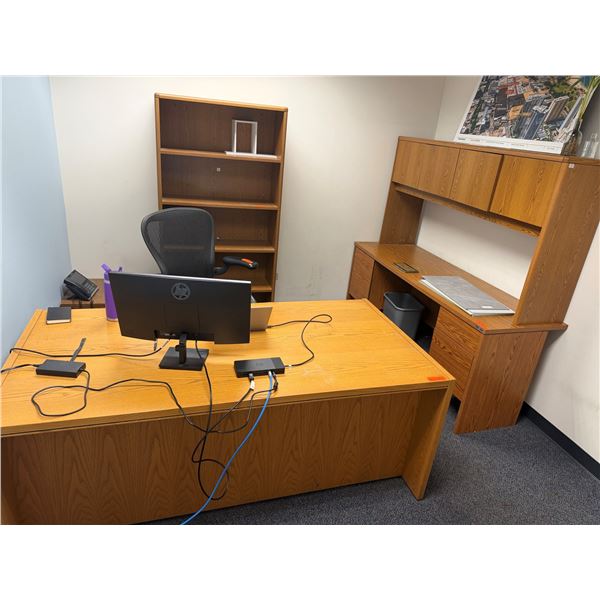 Wooden Desk, Sideboard Cabinet  w/ Hutch, Book Shelf & Rolling Chair, Misc Sizes (contents not inclu