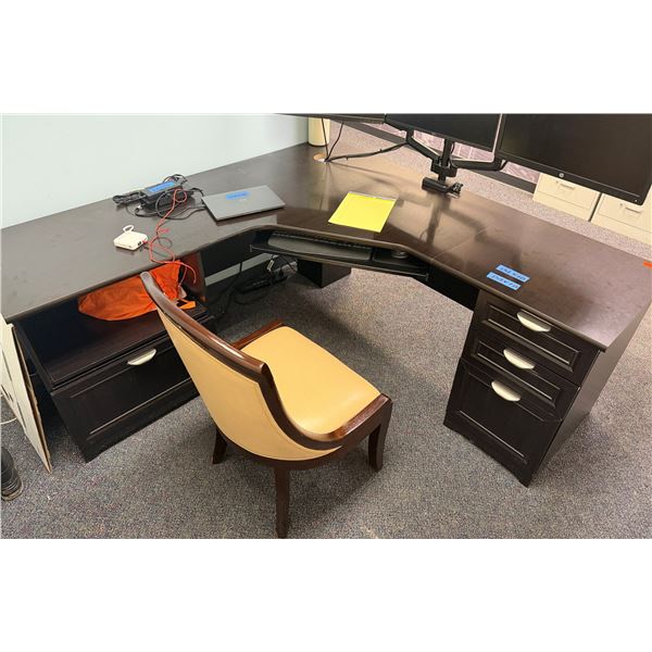 L-Shaped Wooden Desk w/ 4 Drawers 71" x 71" x 23" x 30"H & Upholstered Chair (contents not included)