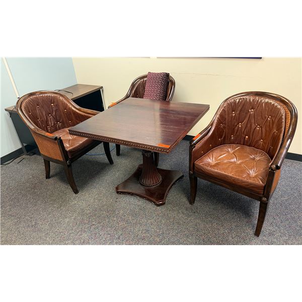 Wooden Table w/ Pedestal Base 36" x 36"  & 3 Upholstered Chairs 26" x 36"H