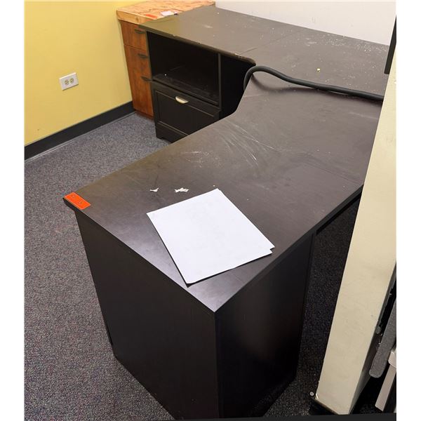 L-Shaped Wooden Desk w/ 4 Drawers 71" x 71" x 23" x 30"H & Filing Cabinet & White Board (contents no