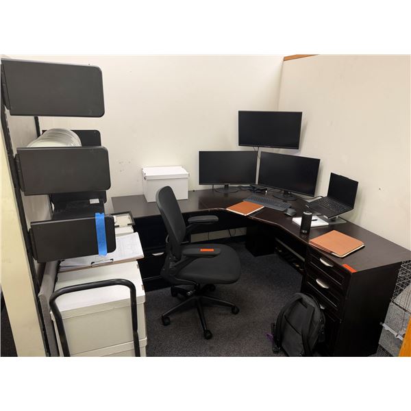 L-Shaped Wooden Desk w/ 4 Drawers 71" x 71" x 23" x 30"H & Wall Shelving Unit & Rolling Chair (conte