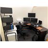 Image 1 : L-Shaped Wooden Desk w/ 4 Drawers 71" x 71" x 23" x 30"H & Wall Shelving Unit & Rolling Chair (conte