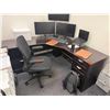 Image 2 : L-Shaped Wooden Desk w/ 4 Drawers 71" x 71" x 23" x 30"H & Wall Shelving Unit & Rolling Chair (conte